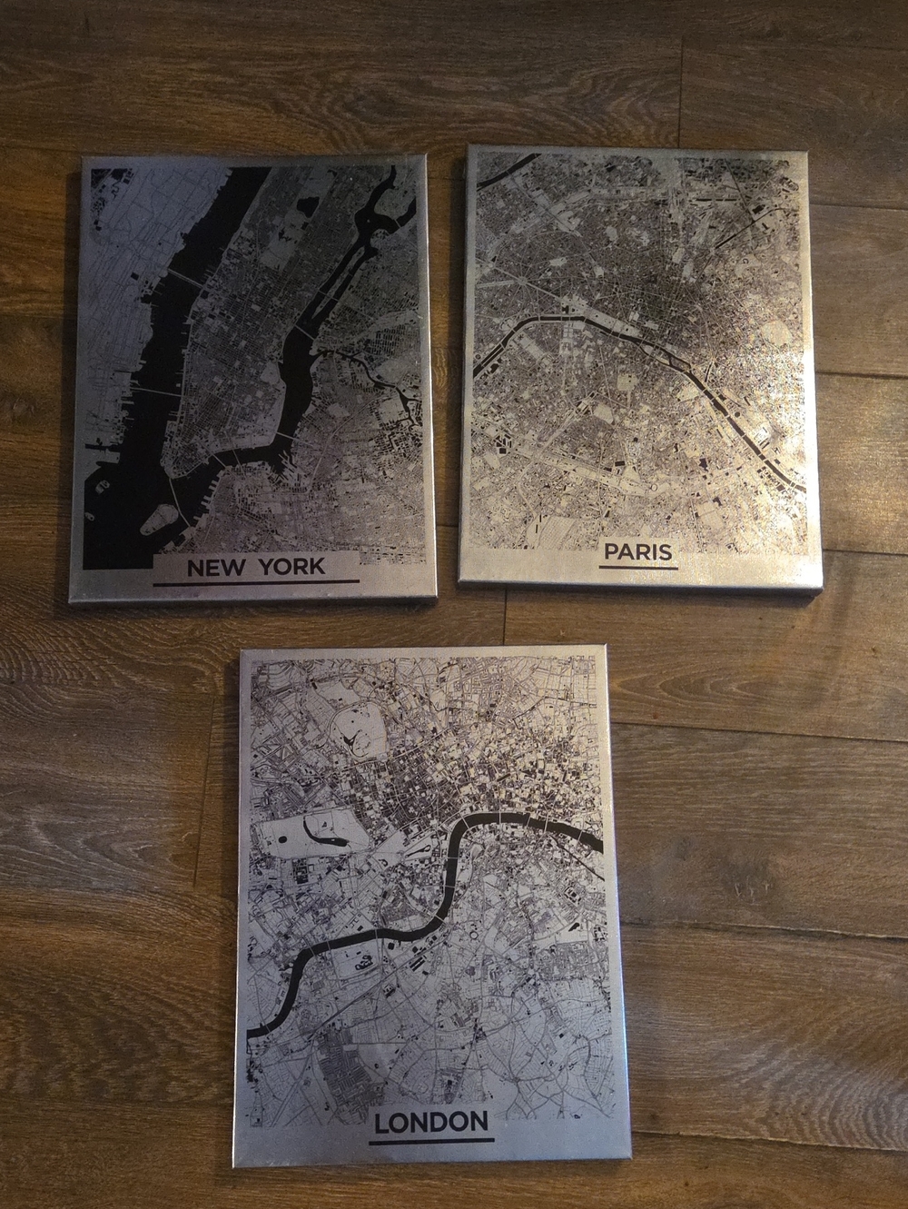 City Map Wall Art Trio - New York Paris London in Silver & Black
